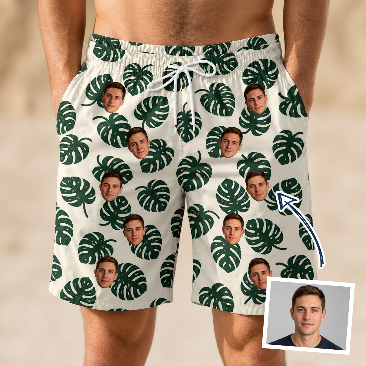 Man wearing Men's Verdant Vacation Custom Face Beach Shorts — custom faces printed all-over