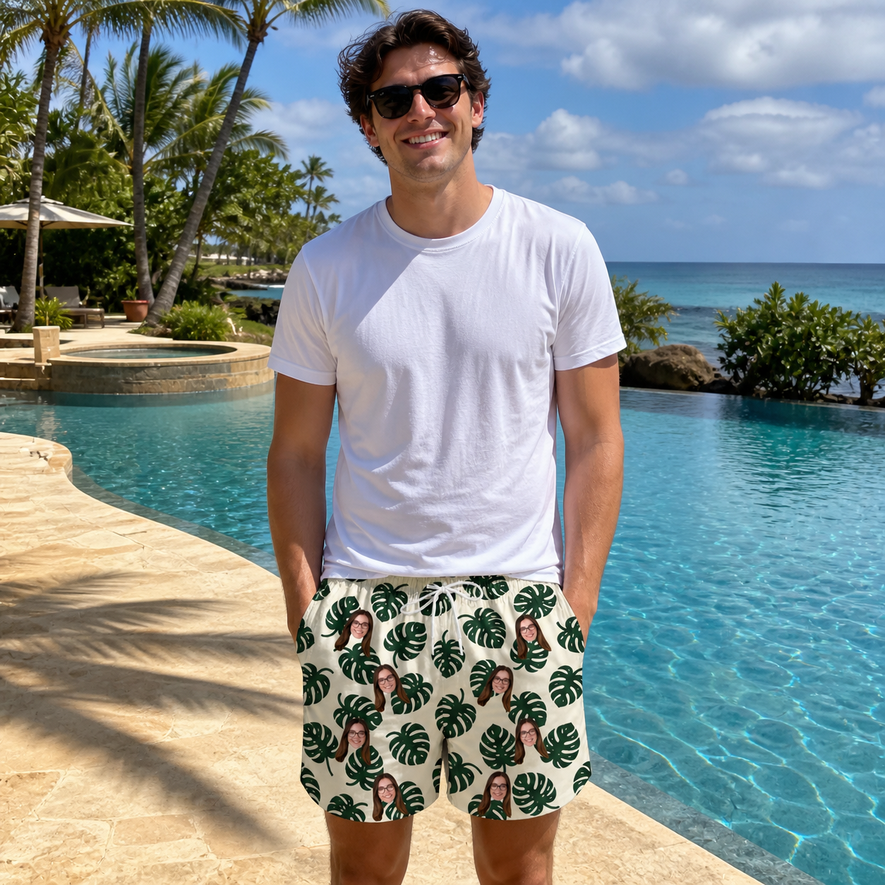 Real-life photo of someone wearing Men's Verdant Vacation Custom Face Beach Shorts — custom faces printed all-over