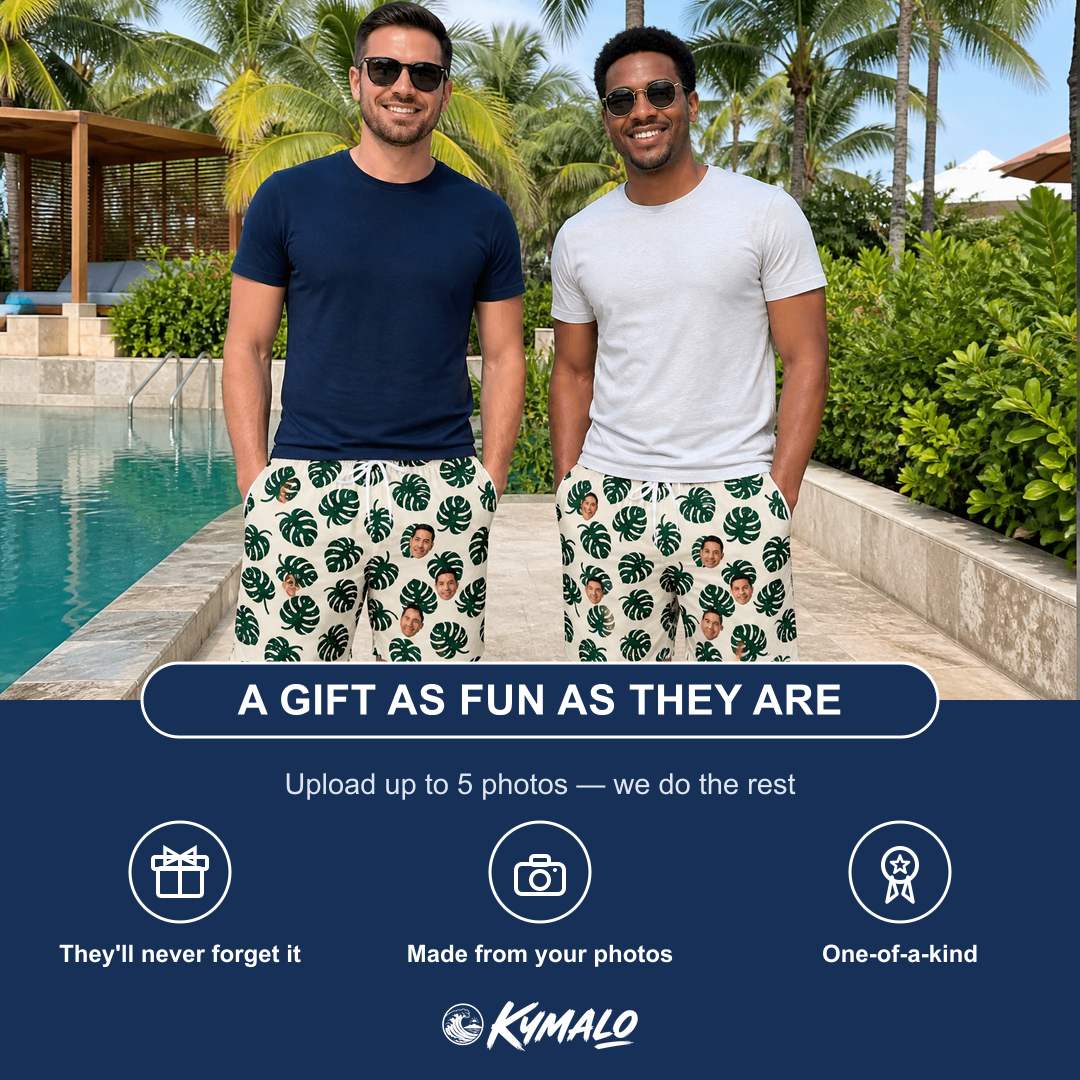 Friends in matching Men's Verdant Vacation Custom Face Beach Shorts — a group gift photo