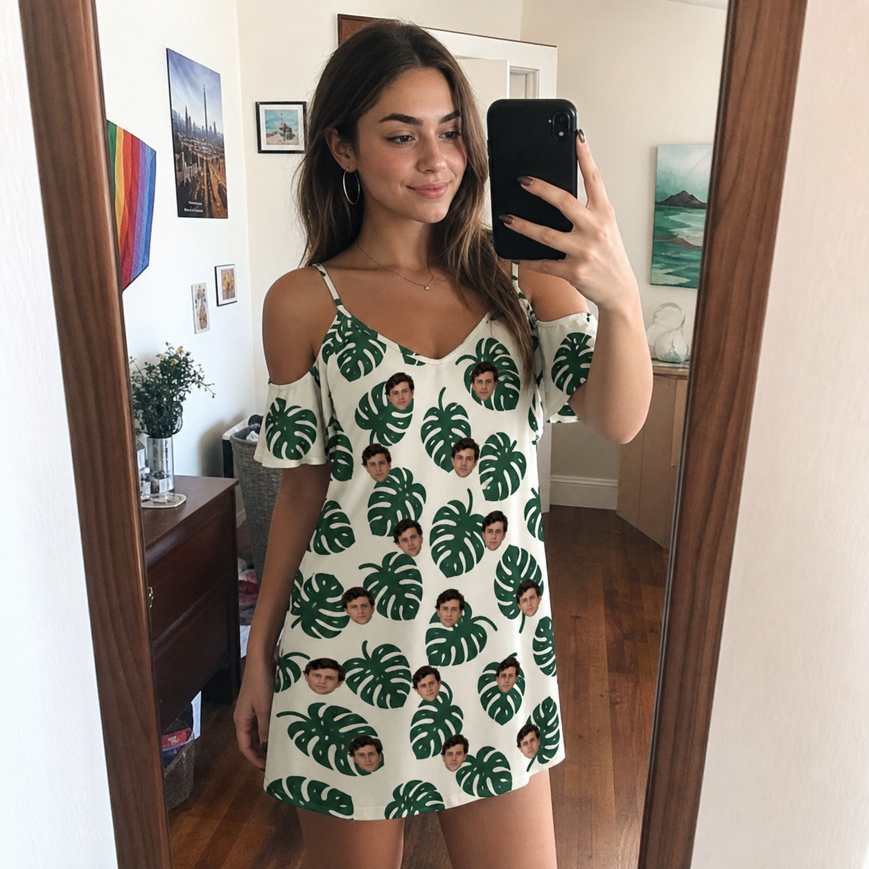 Real-life photo of someone wearing Women's Verdant Vacation Custom Face Off-Shoulder Dress — custom faces printed all-over