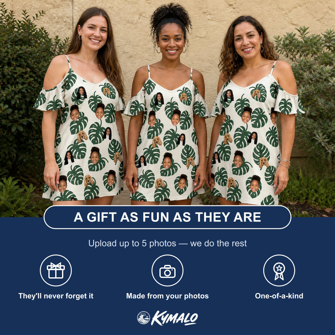 Friends in matching Women's Verdant Vacation Custom Face Off-Shoulder Dress — a group gift photo