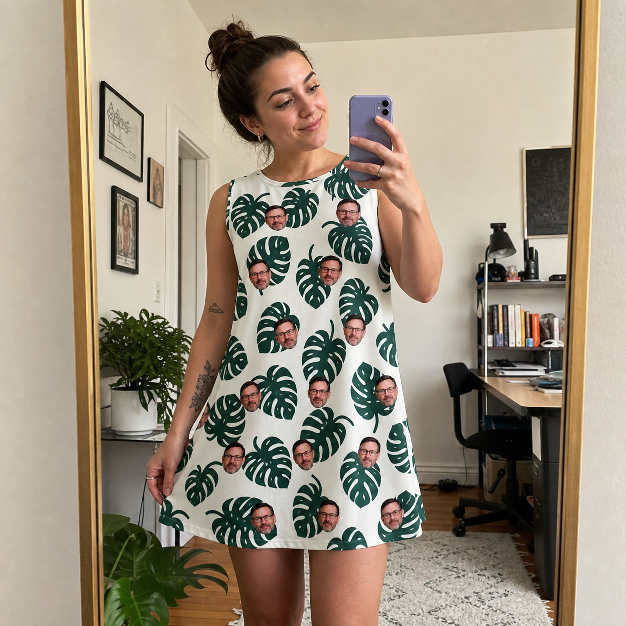 Real-life photo of someone wearing Women's Verdant Vacation Custom Face Tank Dress — custom faces printed all-over