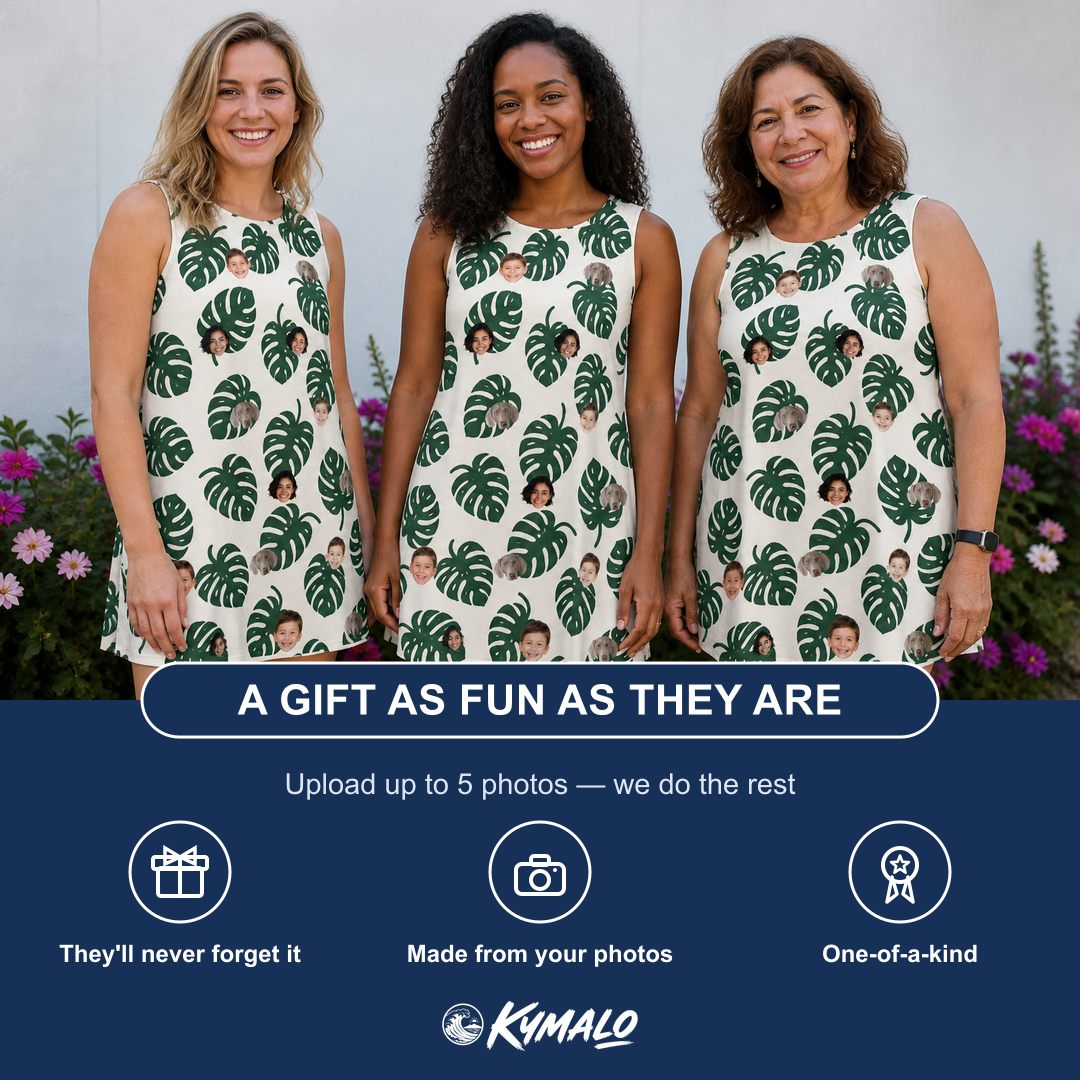 Friends in matching Women's Verdant Vacation Custom Face Tank Dress — a group gift photo