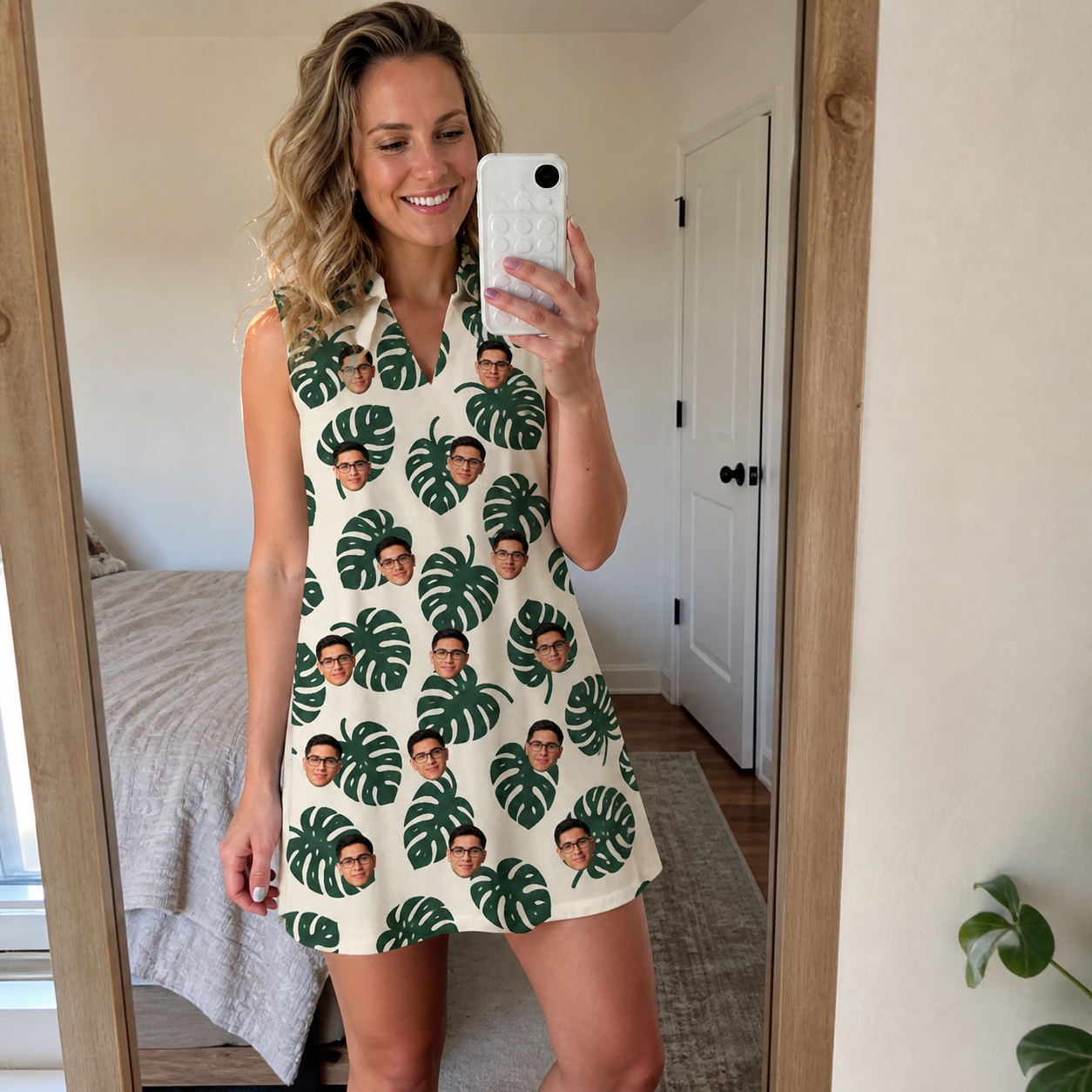 Real-life photo of someone wearing Women's Verdant Vacation Custom Face V-Neck Dress — custom faces printed all-over