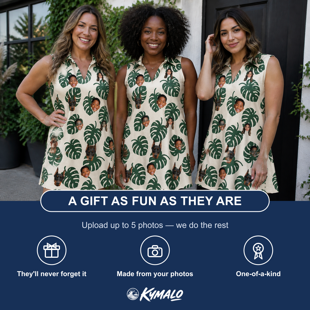 Friends in matching Women's Verdant Vacation Custom Face V-Neck Dress — a group gift photo