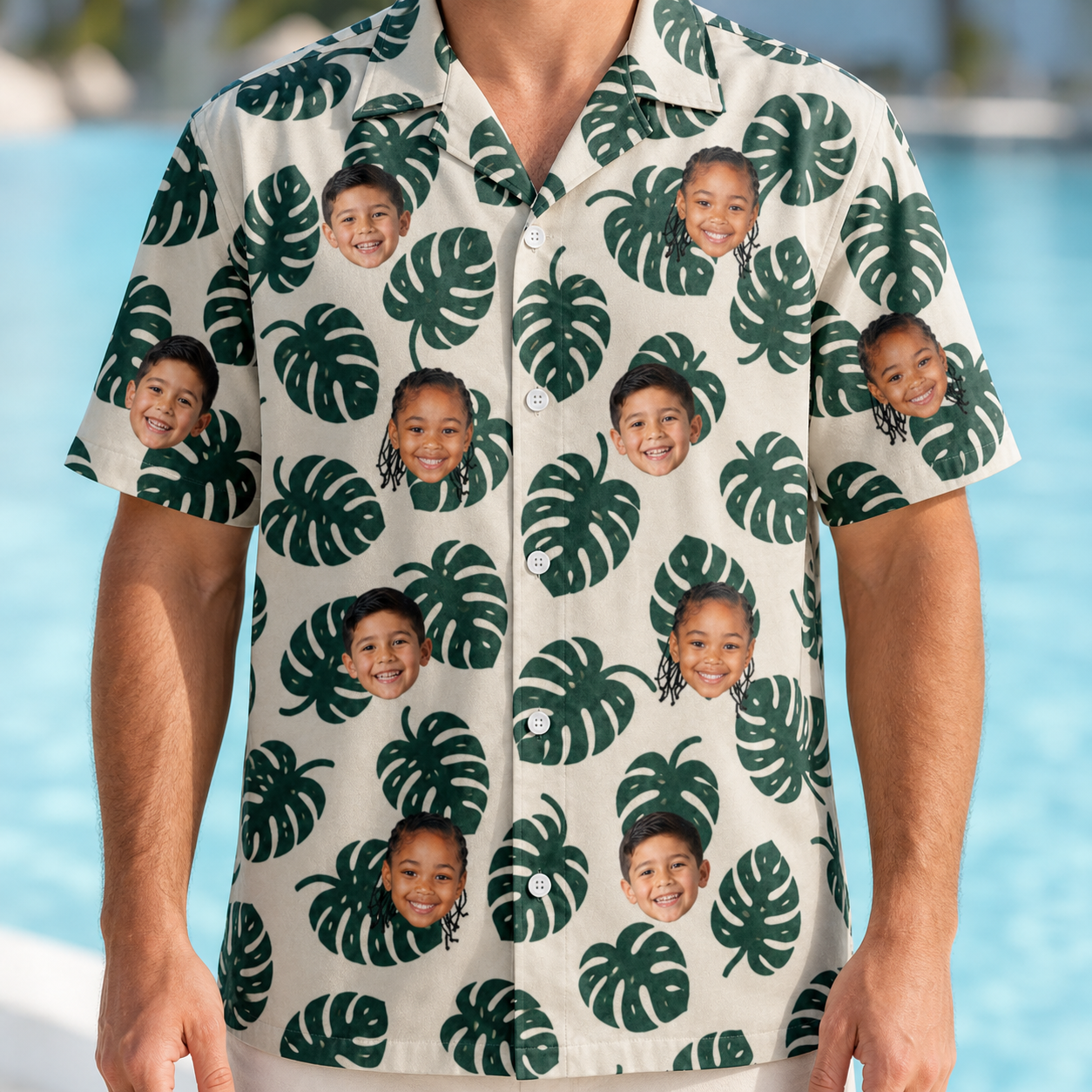 Model wearing Men's Verdant Vacation Custom Face Hawaiian Shirt printed with kids' faces