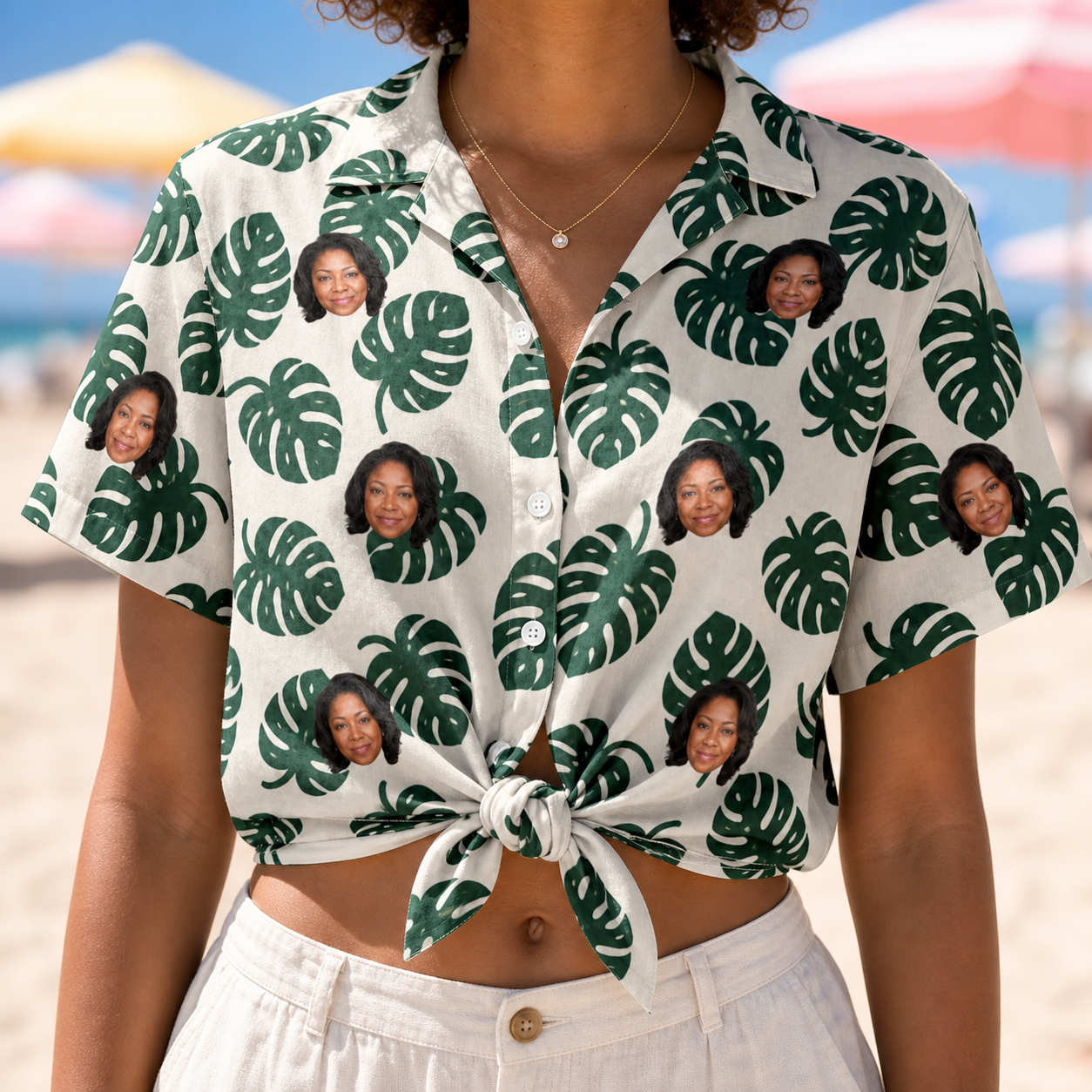 Woman wearing Women's Verdant Vacation Custom Face Hawaiian Shirt tied at the waist