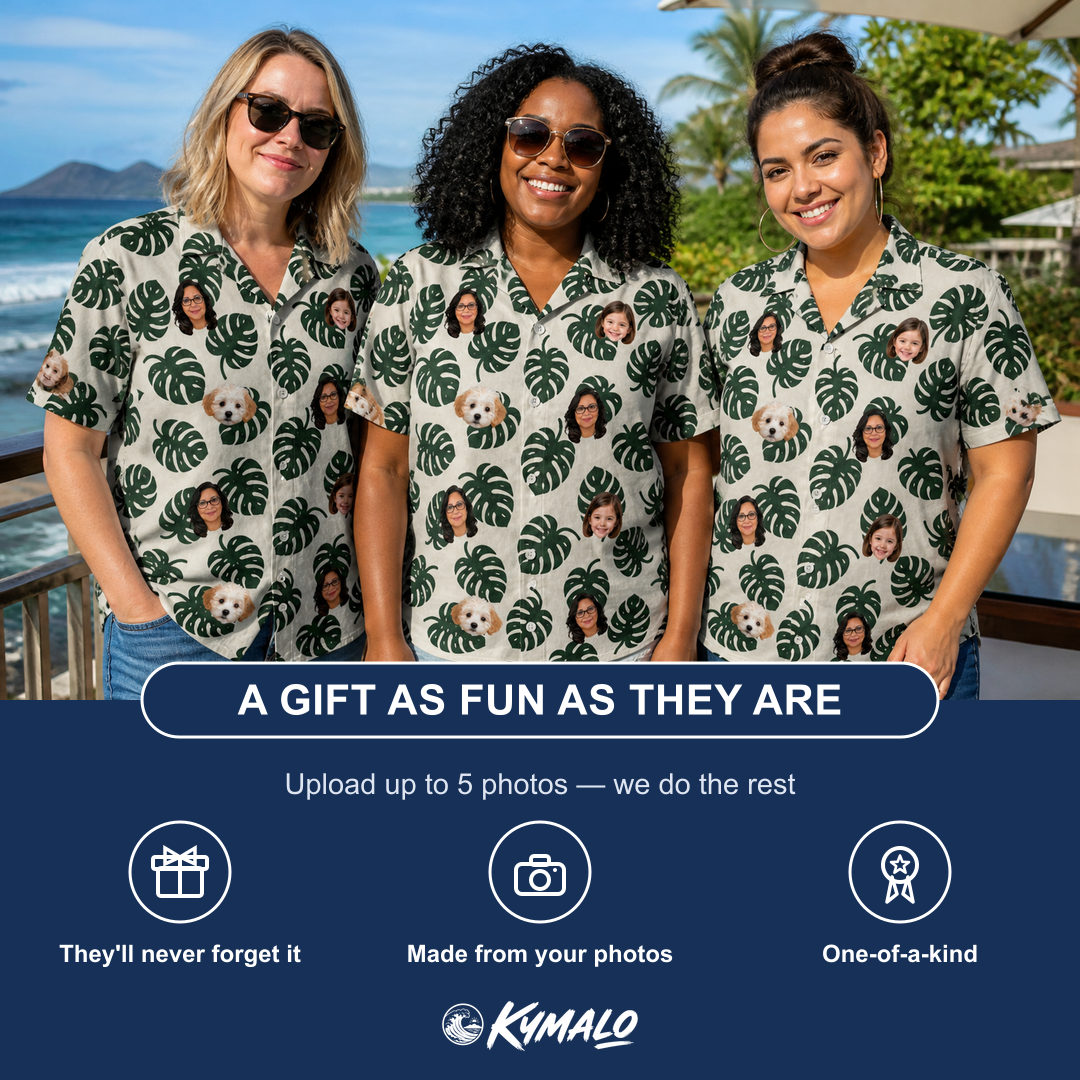 Friends in matching Women's Verdant Vacation Custom Face Hawaiian Shirt — a group gift photo