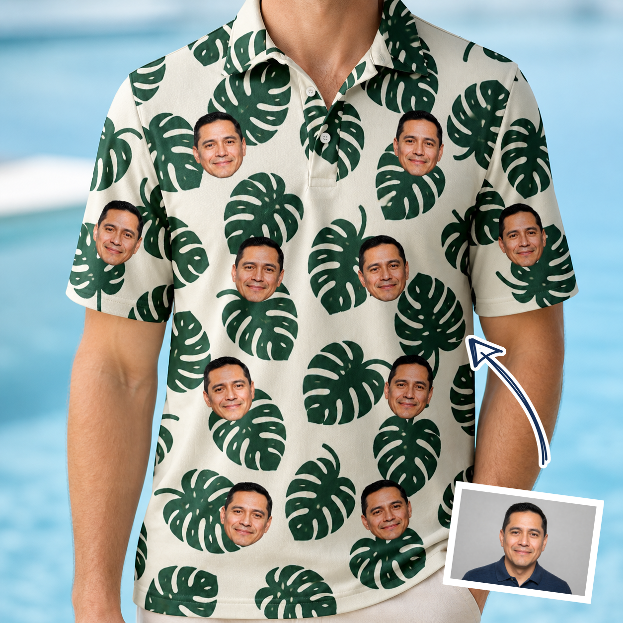 Man wearing Men's Verdant Vacation Custom Face Polo Shirt — custom faces printed all-over
