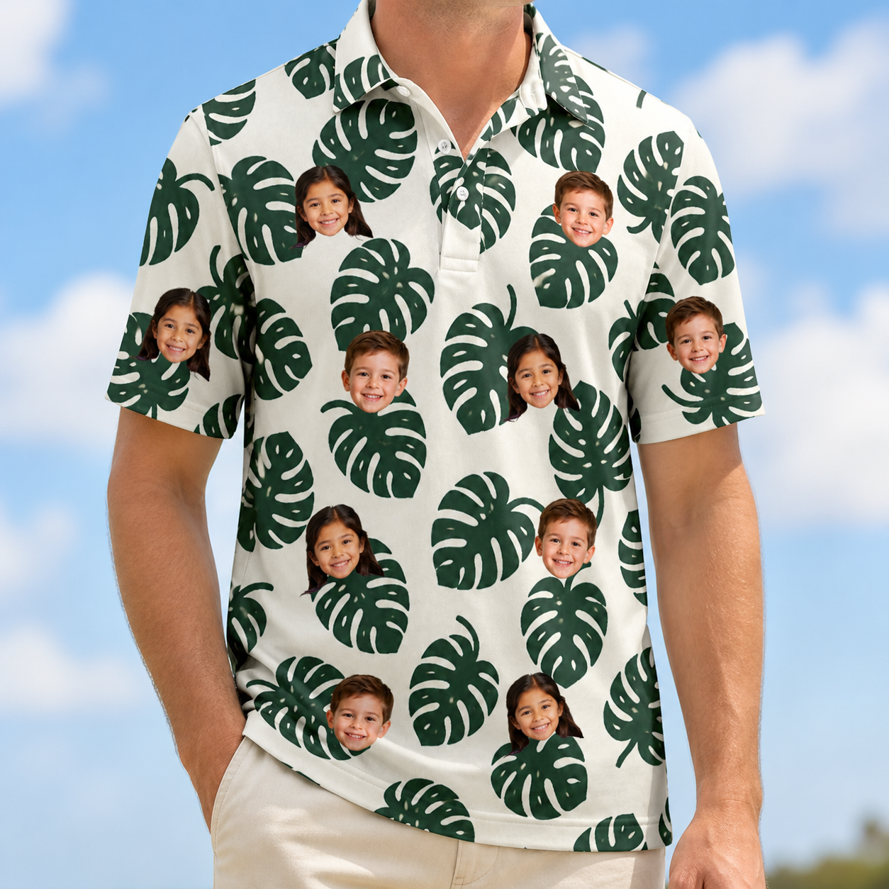 Model wearing Men's Verdant Vacation Custom Face Polo Shirt printed with kids' faces