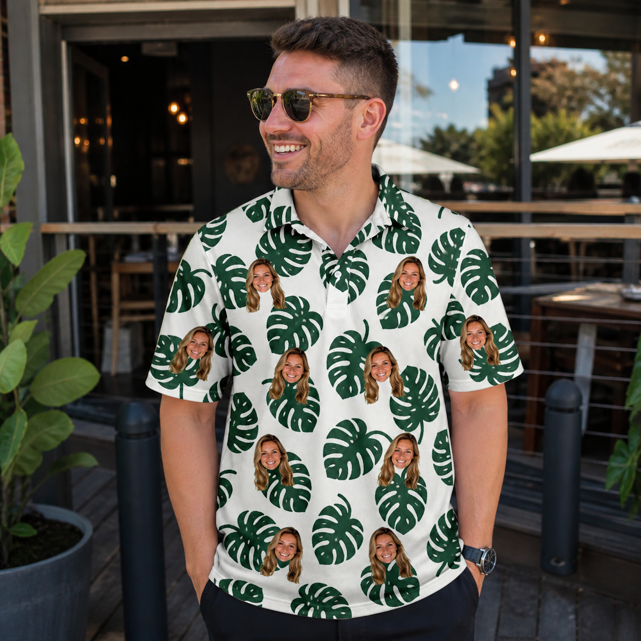 Real-life photo of someone wearing Men's Verdant Vacation Custom Face Polo Shirt — custom faces printed all-over