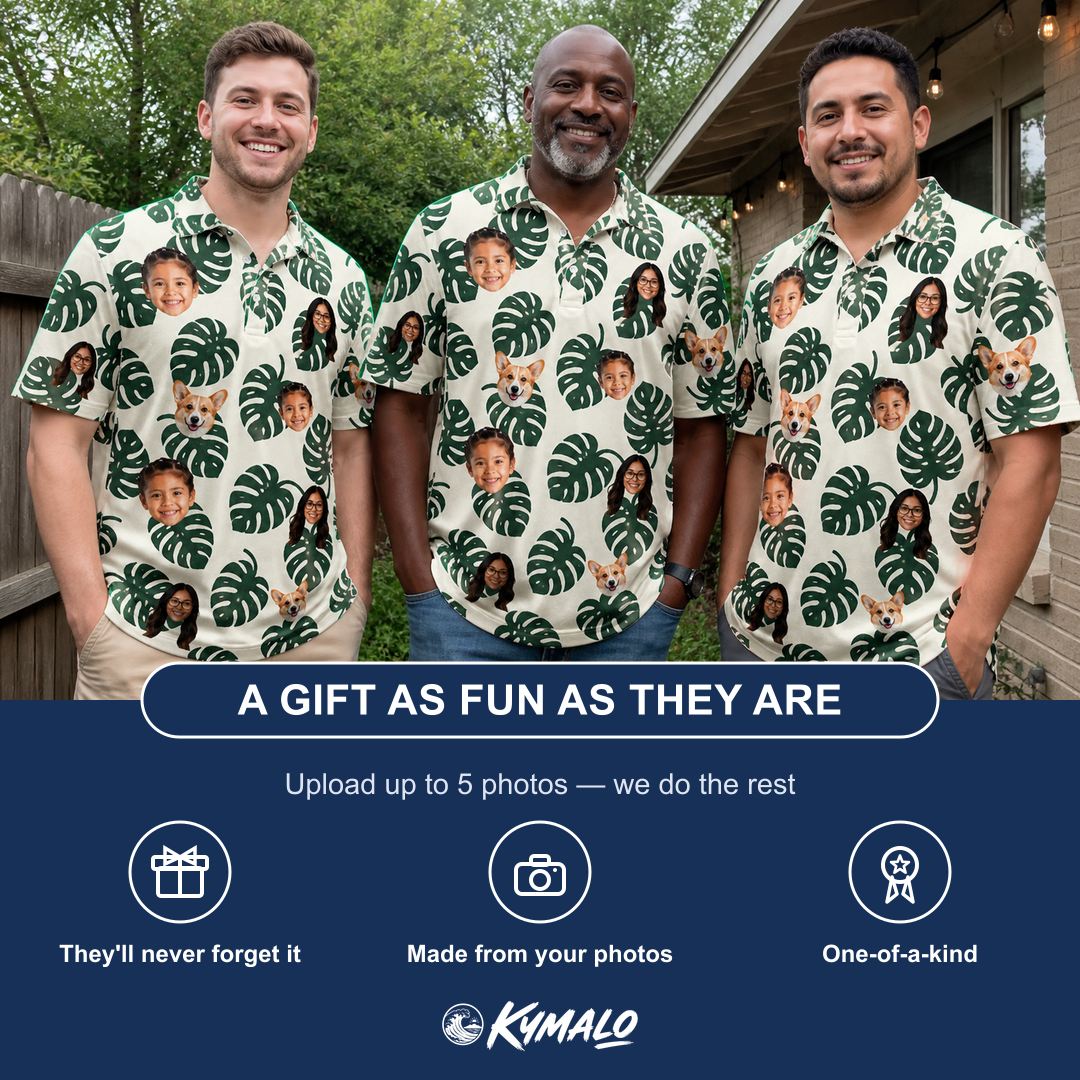Friends in matching Men's Verdant Vacation Custom Face Polo Shirt — a group gift photo