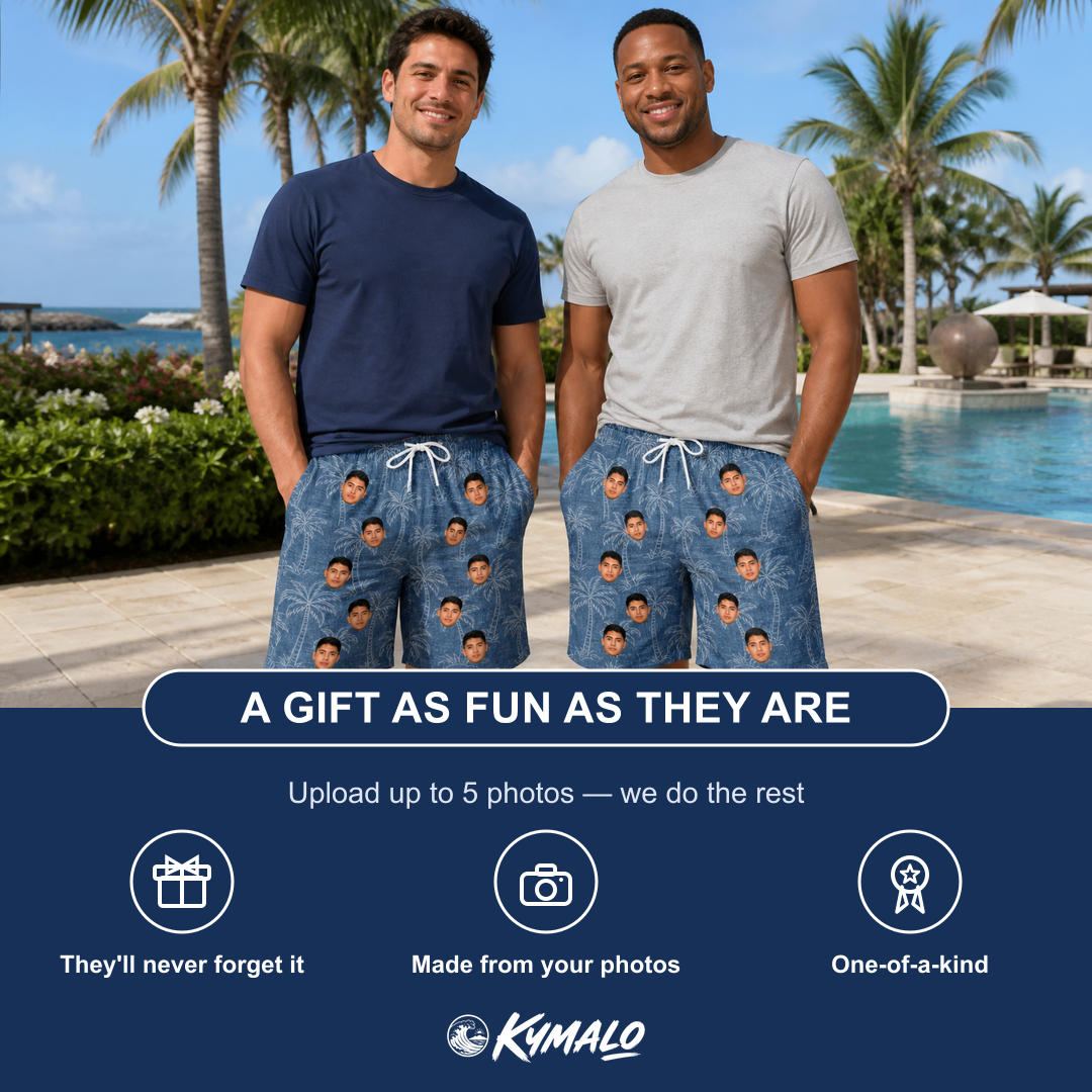 Friends in matching Men's Blossom Bounce Custom Face Beach Shorts — a group gift photo