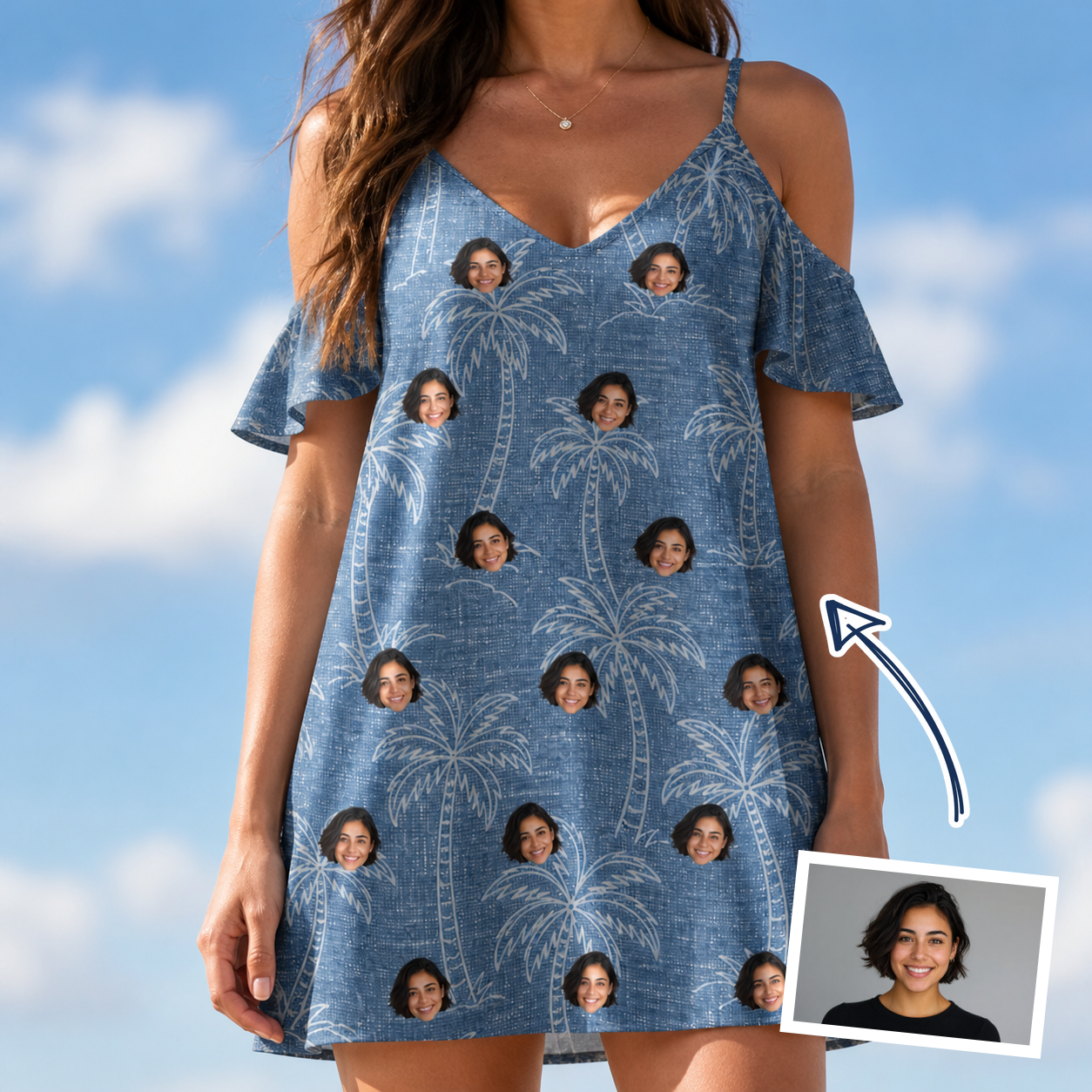 Woman wearing Women's Blossom Bounce Custom Face Off-Shoulder Dress — custom faces printed all-over