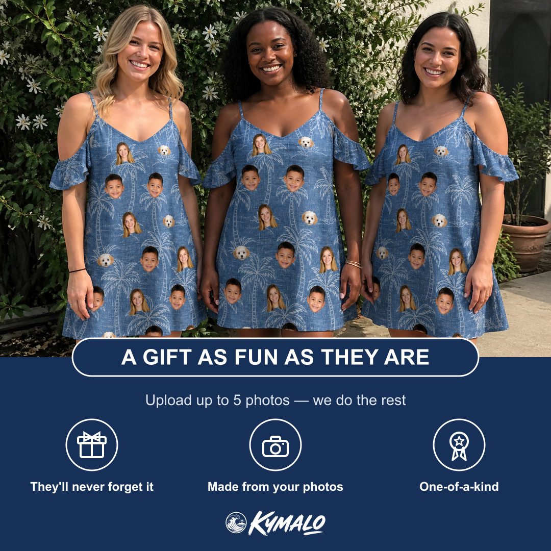 Friends in matching Women's Blossom Bounce Custom Face Off-Shoulder Dress — a group gift photo
