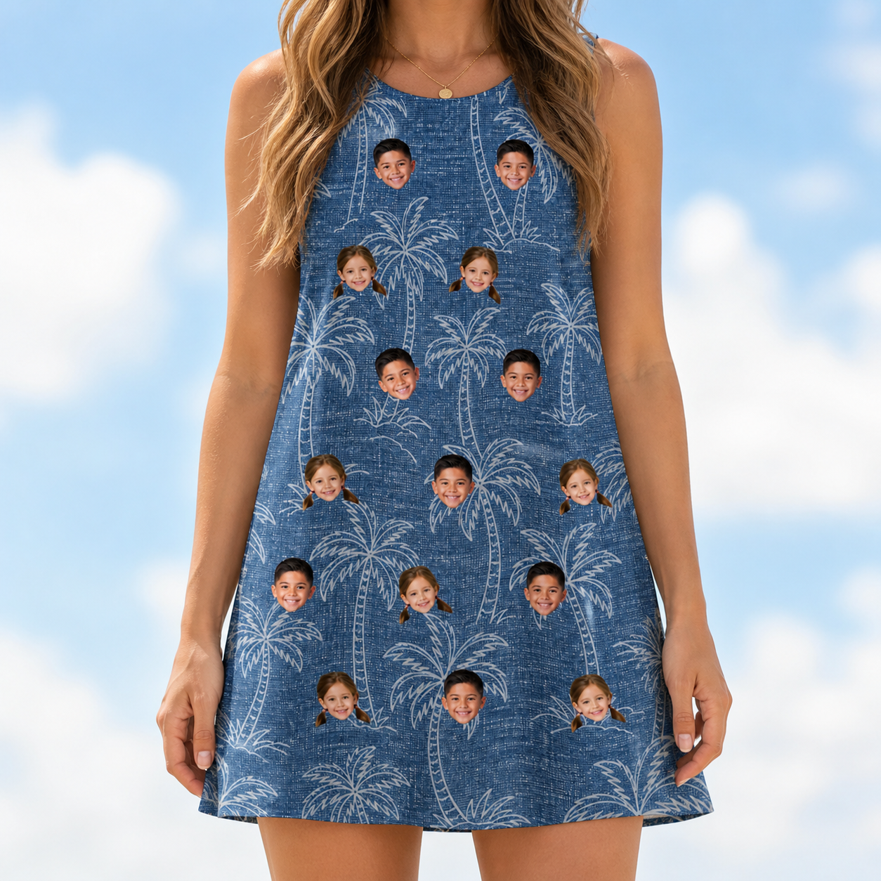 Model wearing Women's Blossom Bounce Custom Face Tank Dress printed with kids' faces