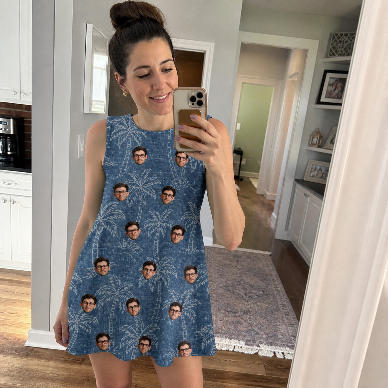 Real-life photo of someone wearing Women's Blossom Bounce Custom Face Tank Dress — custom faces printed all-over
