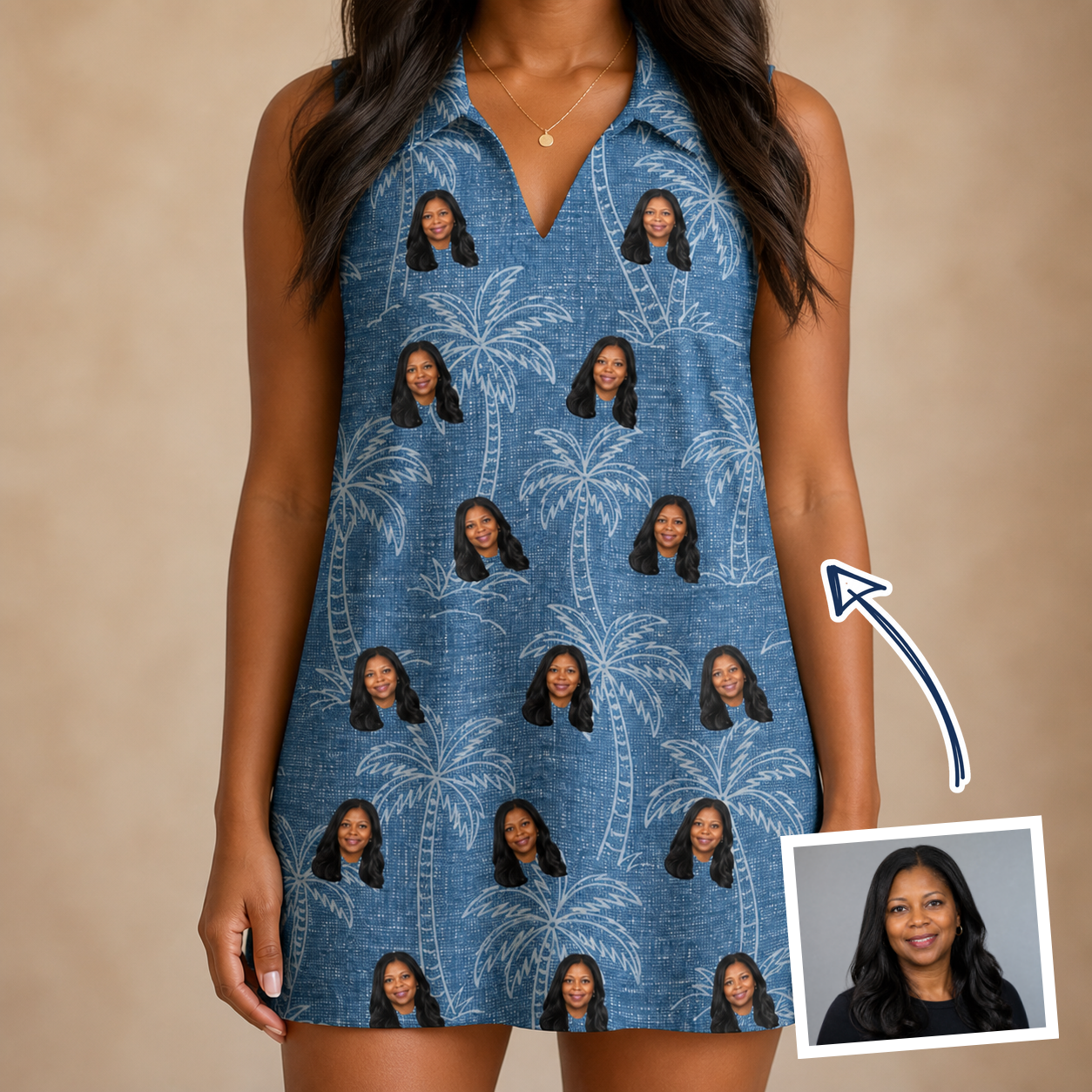 Woman wearing Women's Blossom Bounce Custom Face V-Neck Dress — custom faces printed all-over