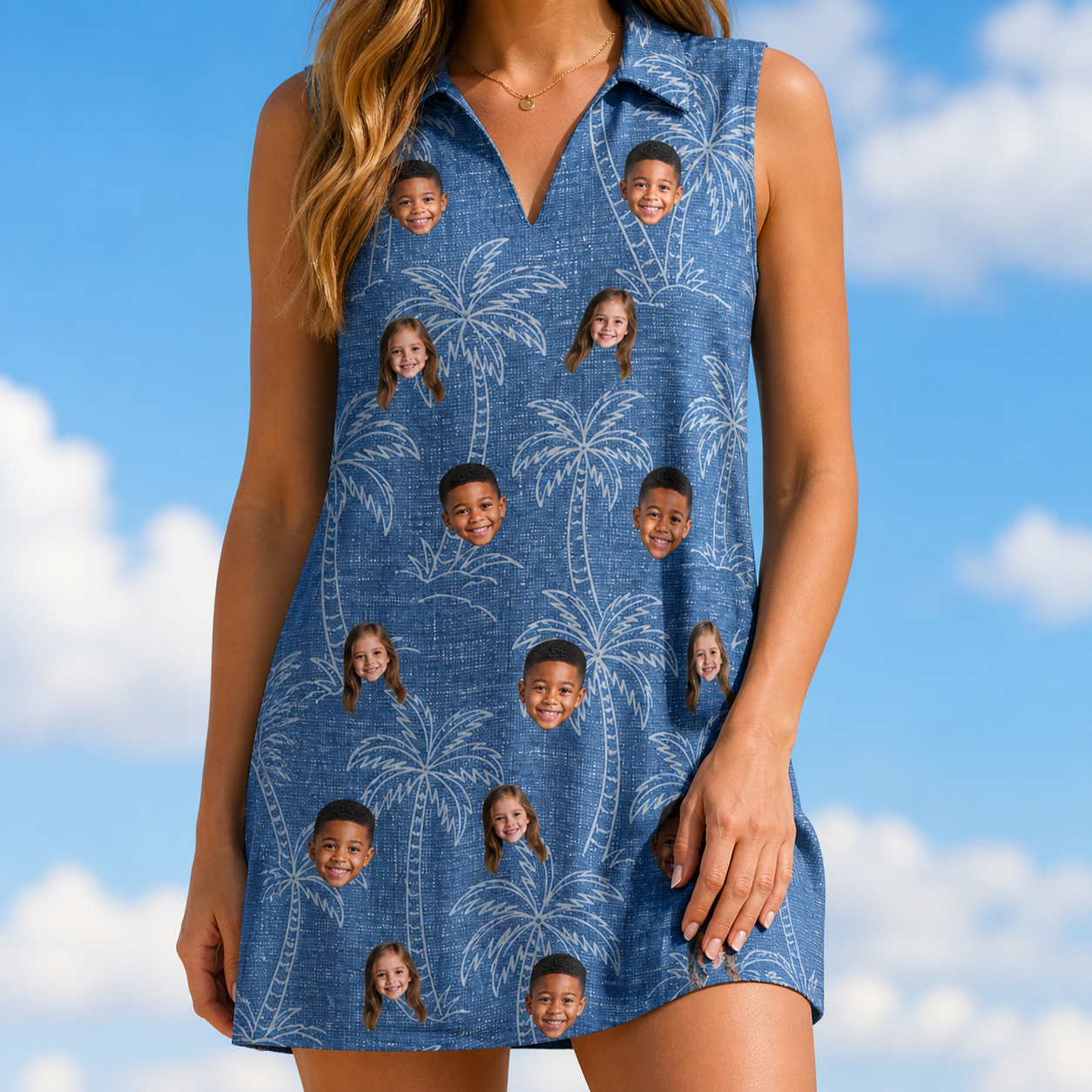 Model wearing Women's Blossom Bounce Custom Face V-Neck Dress printed with kids' faces