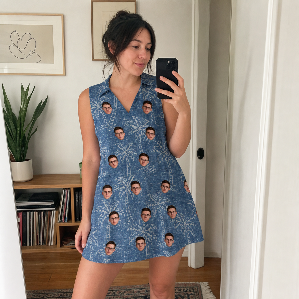 Real-life photo of someone wearing Women's Blossom Bounce Custom Face V-Neck Dress — custom faces printed all-over