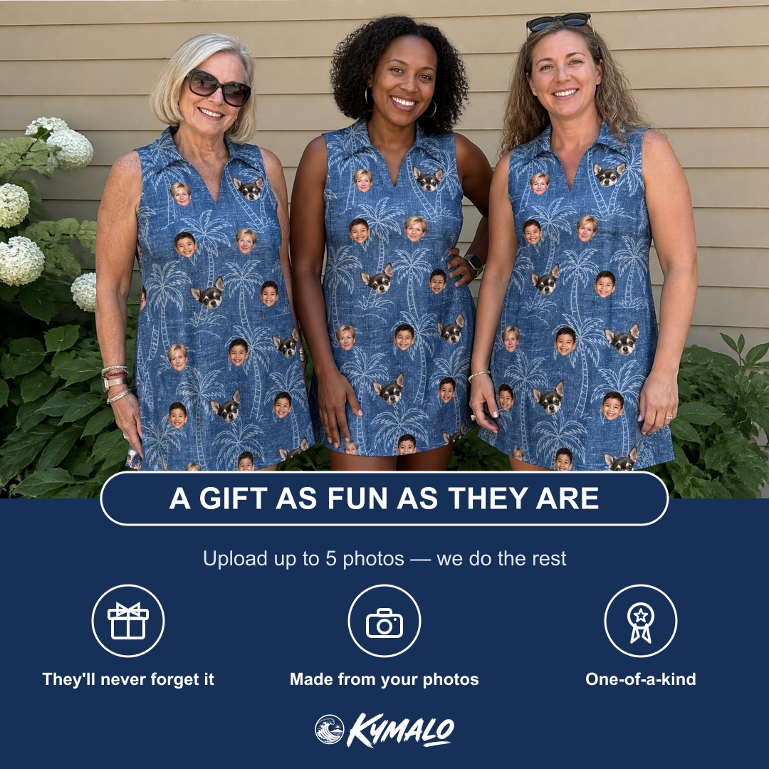 Friends in matching Women's Blossom Bounce Custom Face V-Neck Dress — a group gift photo