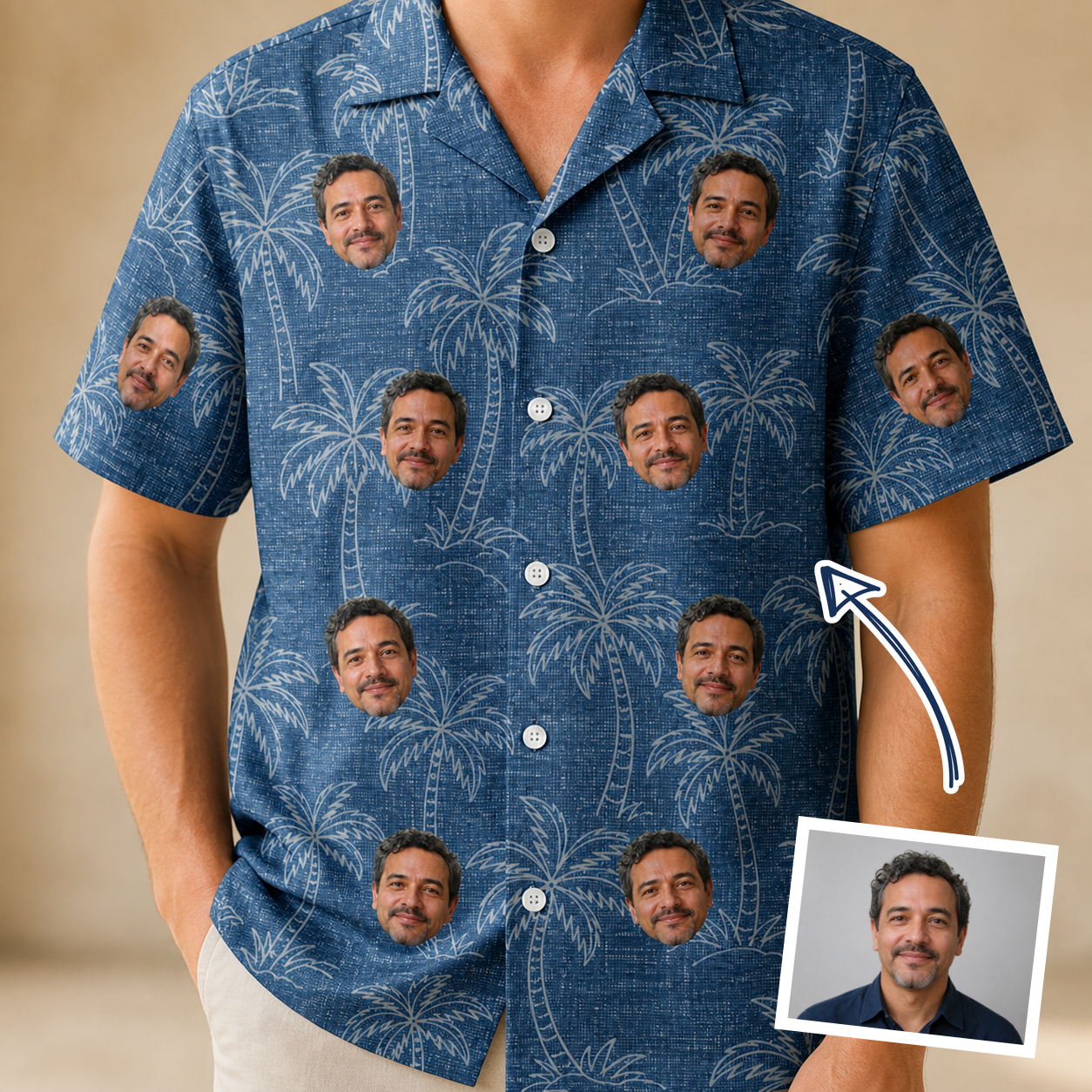 Man wearing Men's Blossom Bounce Custom Face Hawaiian Shirt — custom faces printed all-over