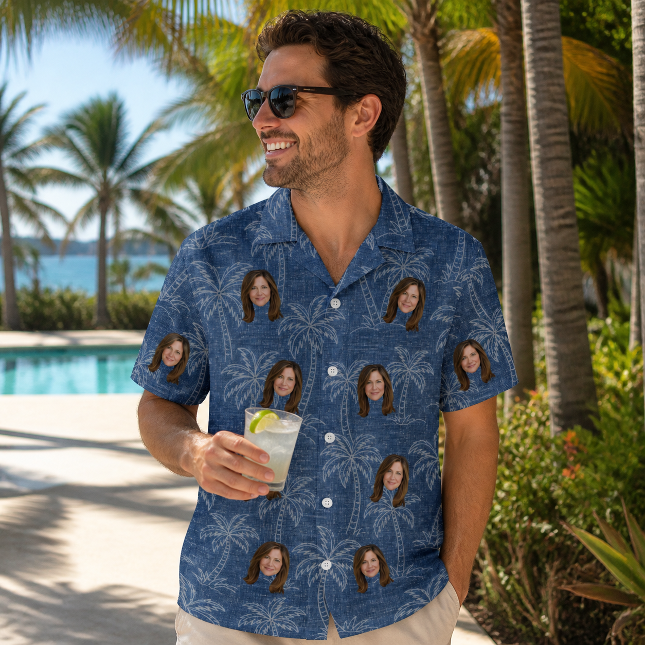 Real-life photo of someone wearing Men's Blossom Bounce Custom Face Hawaiian Shirt — custom faces printed all-over