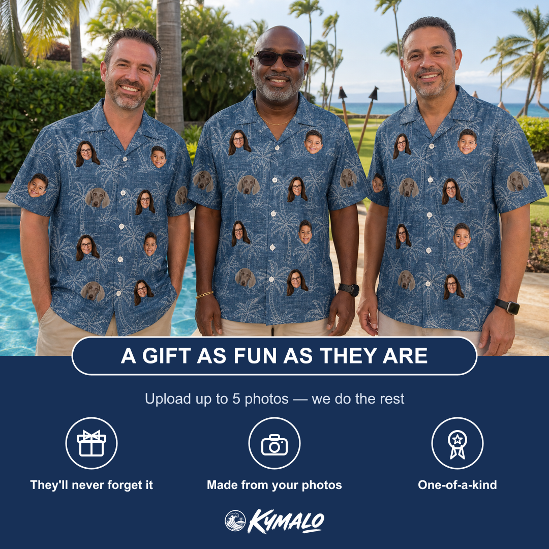 Friends in matching Men's Blossom Bounce Custom Face Hawaiian Shirt — a group gift photo