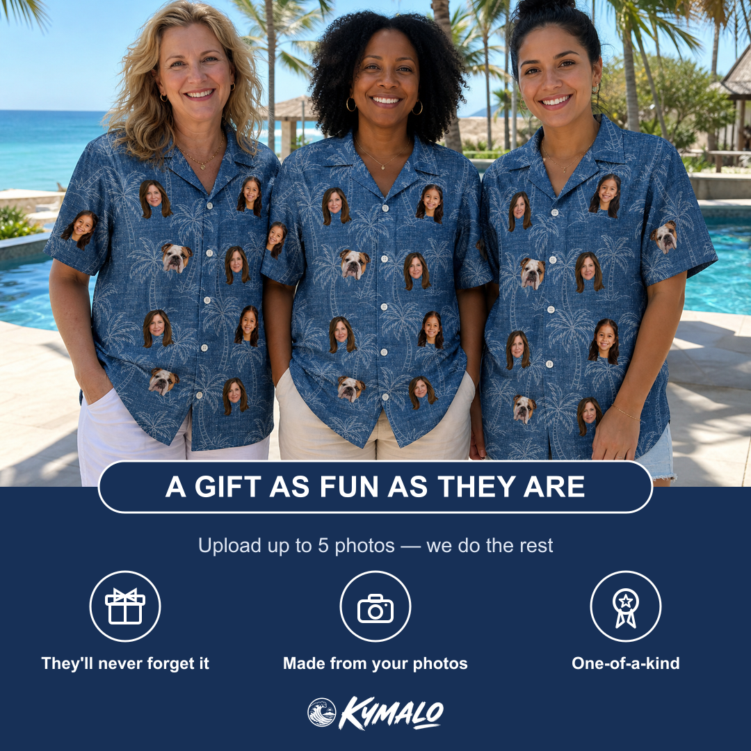 Friends in matching Women's Blossom Bounce Custom Face Hawaiian Shirt — a group gift photo