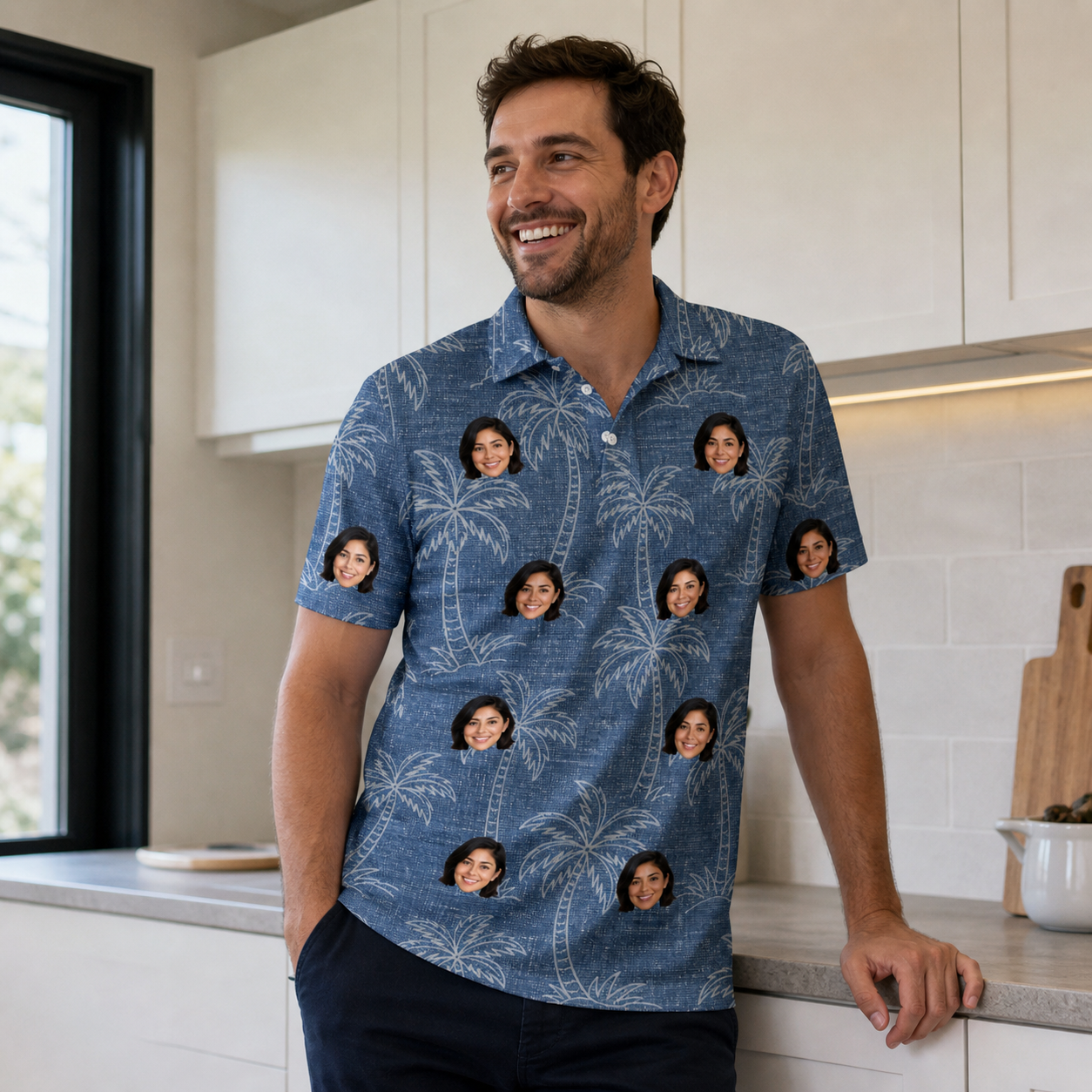 Real-life photo of someone wearing Men's Blossom Bounce Custom Face Polo Shirt — custom faces printed all-over