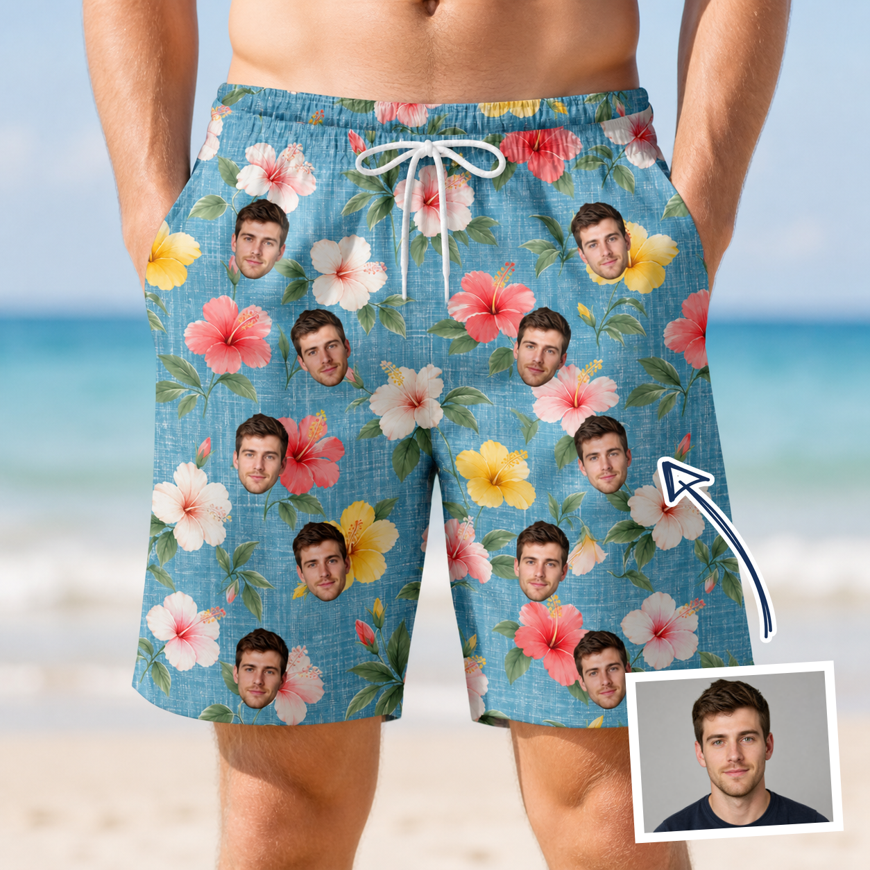 Man wearing Men's Petal Party Custom Face Beach Shorts — custom faces printed all-over