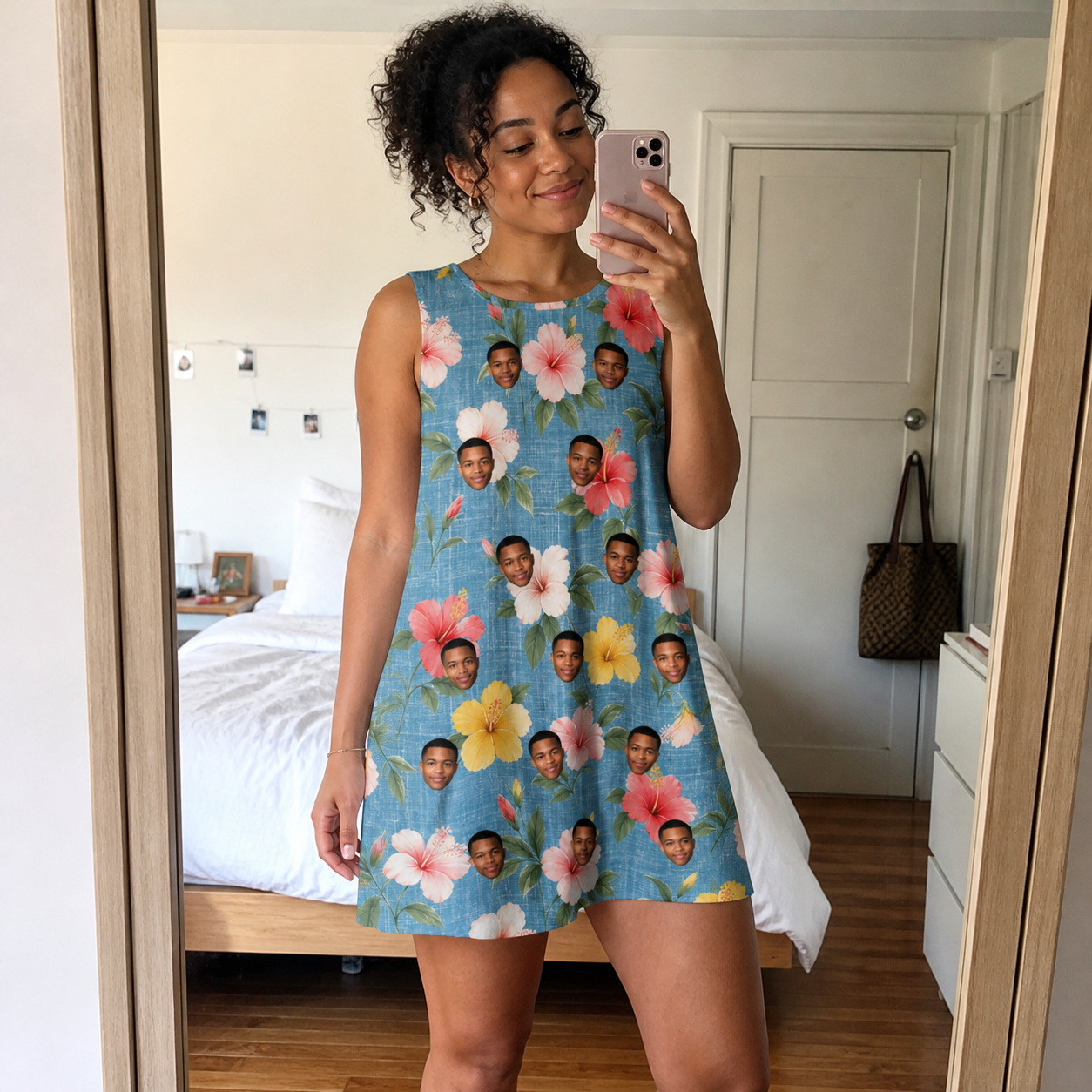 Real-life photo of someone wearing Women's Petal Party Custom Face Tank Dress — custom faces printed all-over