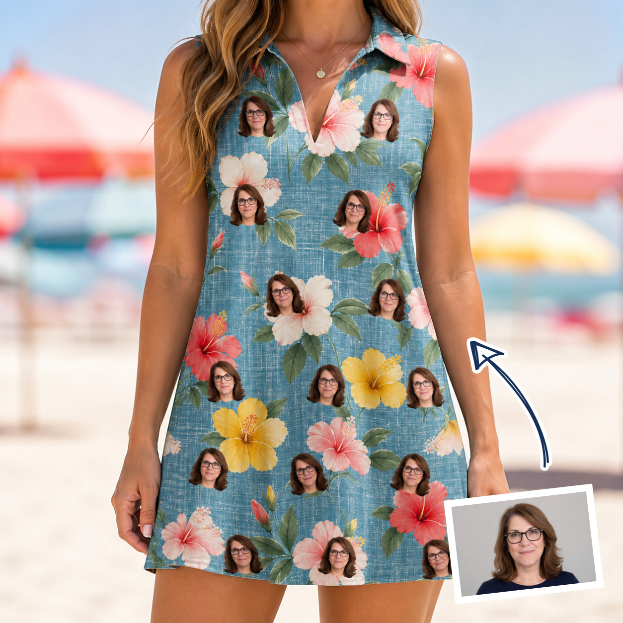 Woman wearing Women's Petal Party Custom Face V-Neck Dress — custom faces printed all-over