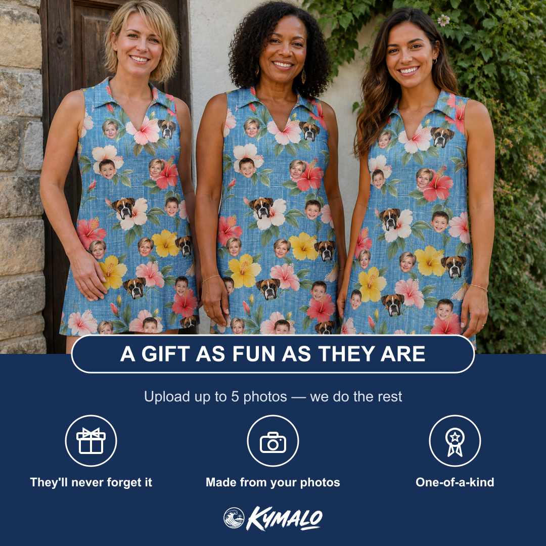 Friends in matching Women's Petal Party Custom Face V-Neck Dress — a group gift photo