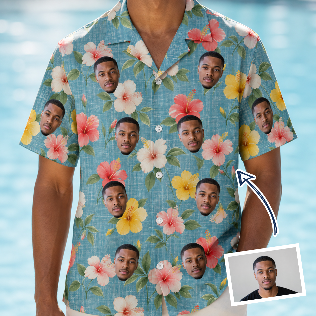 Man wearing Men's Petal Party Custom Face Hawaiian Shirt — custom faces printed all-over