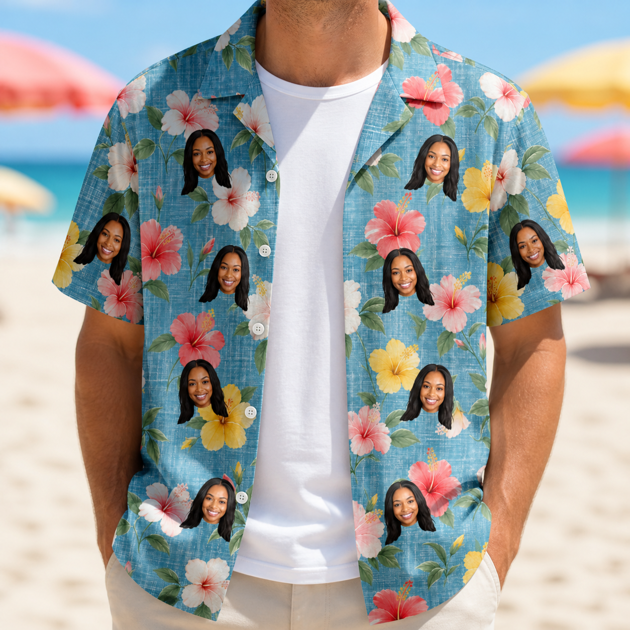 Man wearing Men's Petal Party Custom Face Hawaiian Shirt open over a white tee