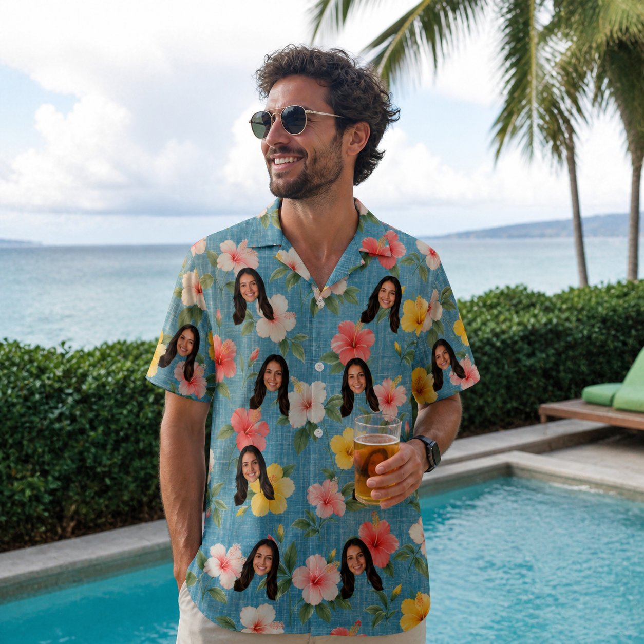 Real-life photo of someone wearing Men's Petal Party Custom Face Hawaiian Shirt — custom faces printed all-over