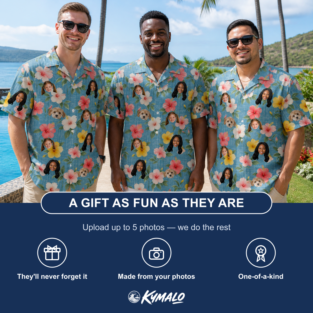 Friends in matching Men's Petal Party Custom Face Hawaiian Shirt — a group gift photo