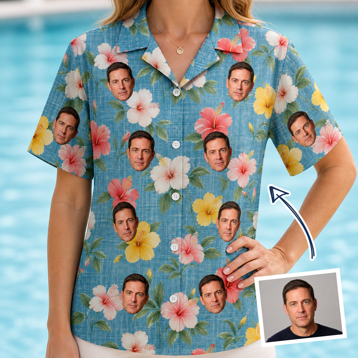 Woman wearing Women's Petal Party Custom Face Hawaiian Shirt — custom faces printed all-over