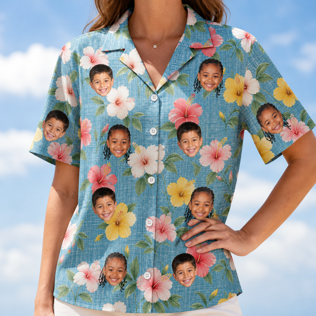 Model wearing Women's Petal Party Custom Face Hawaiian Shirt printed with kids' faces
