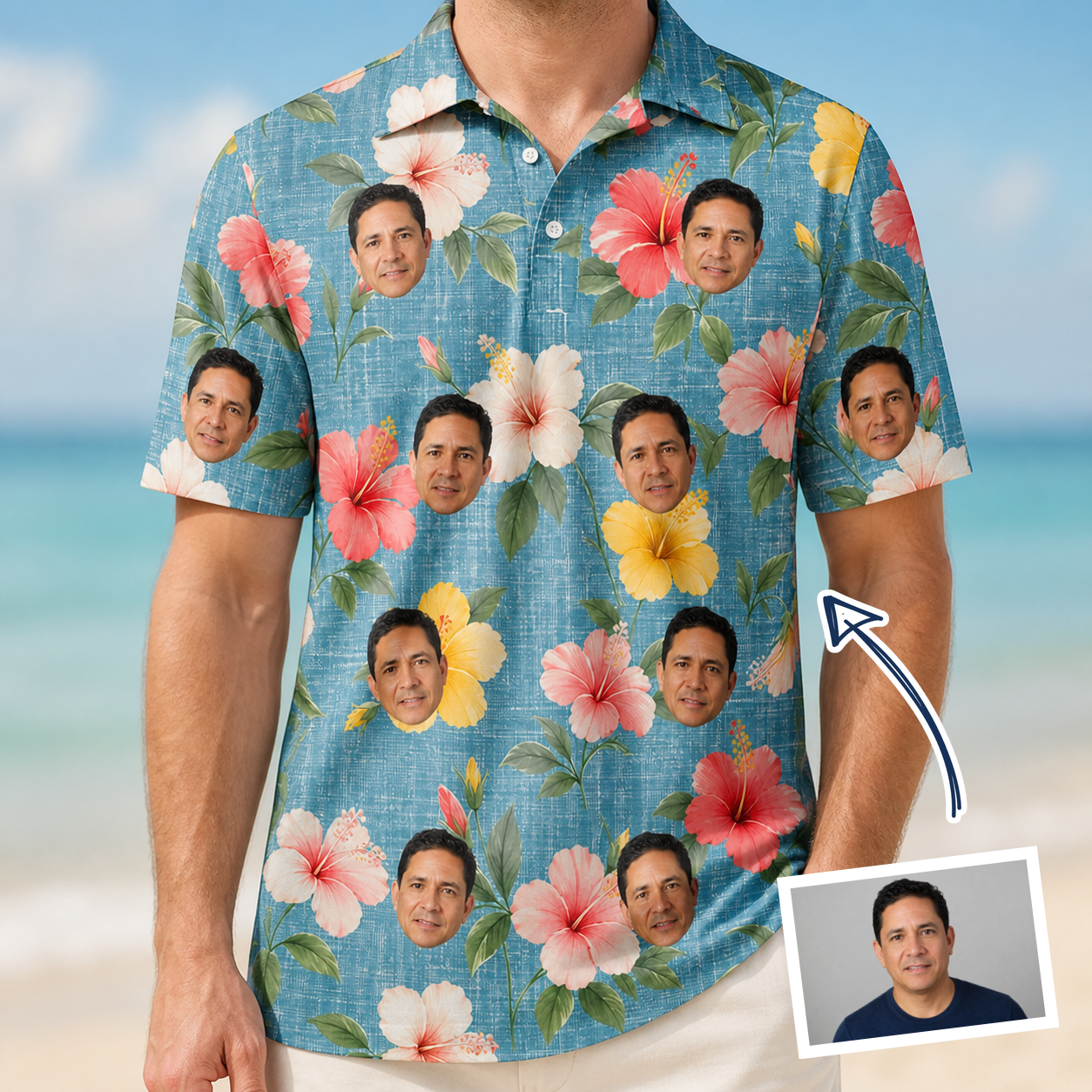 Man wearing Men's Petal Party Custom Face Polo Shirt — custom faces printed all-over