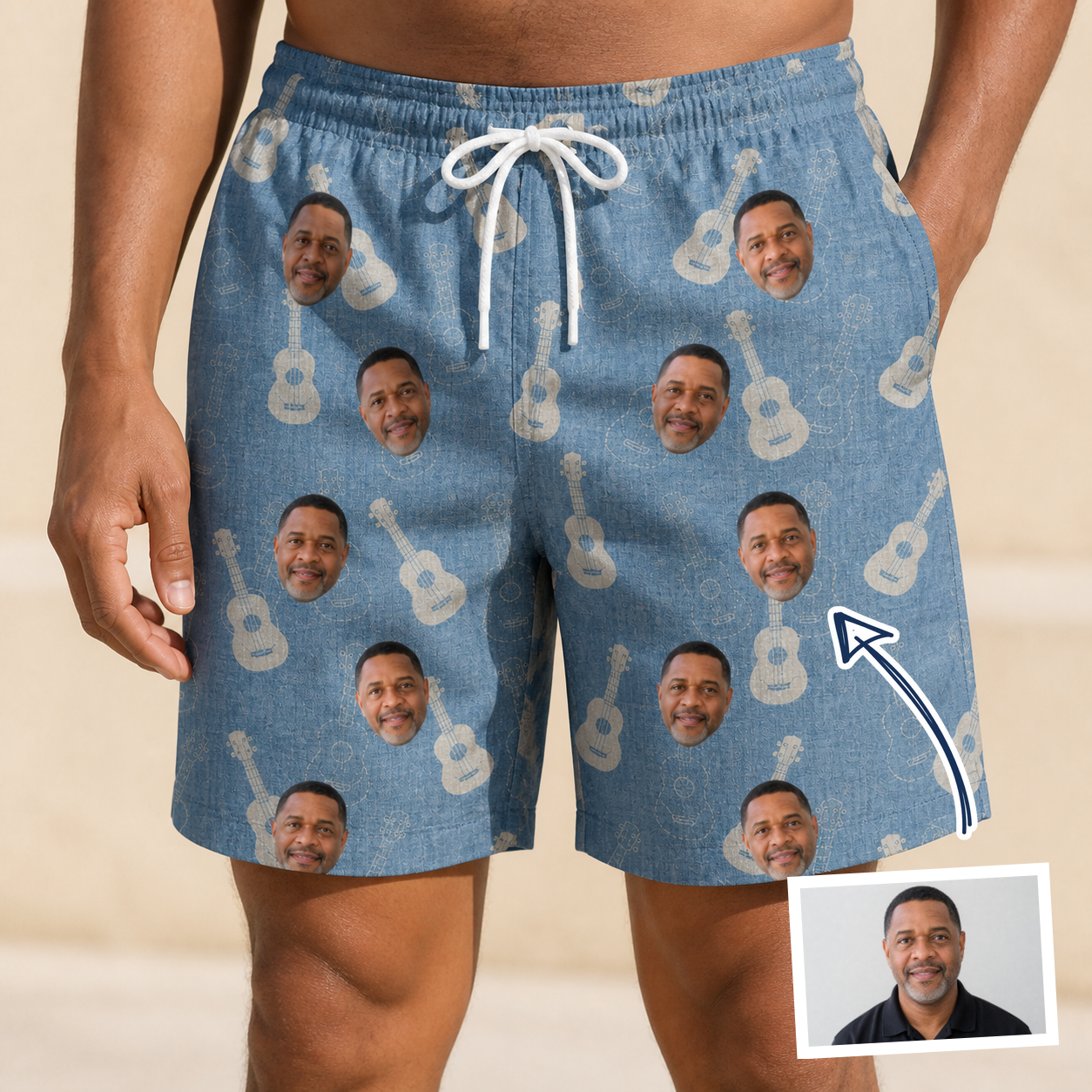 Man wearing Men's Gardenia Grooves Custom Face Beach Shorts — custom faces printed all-over