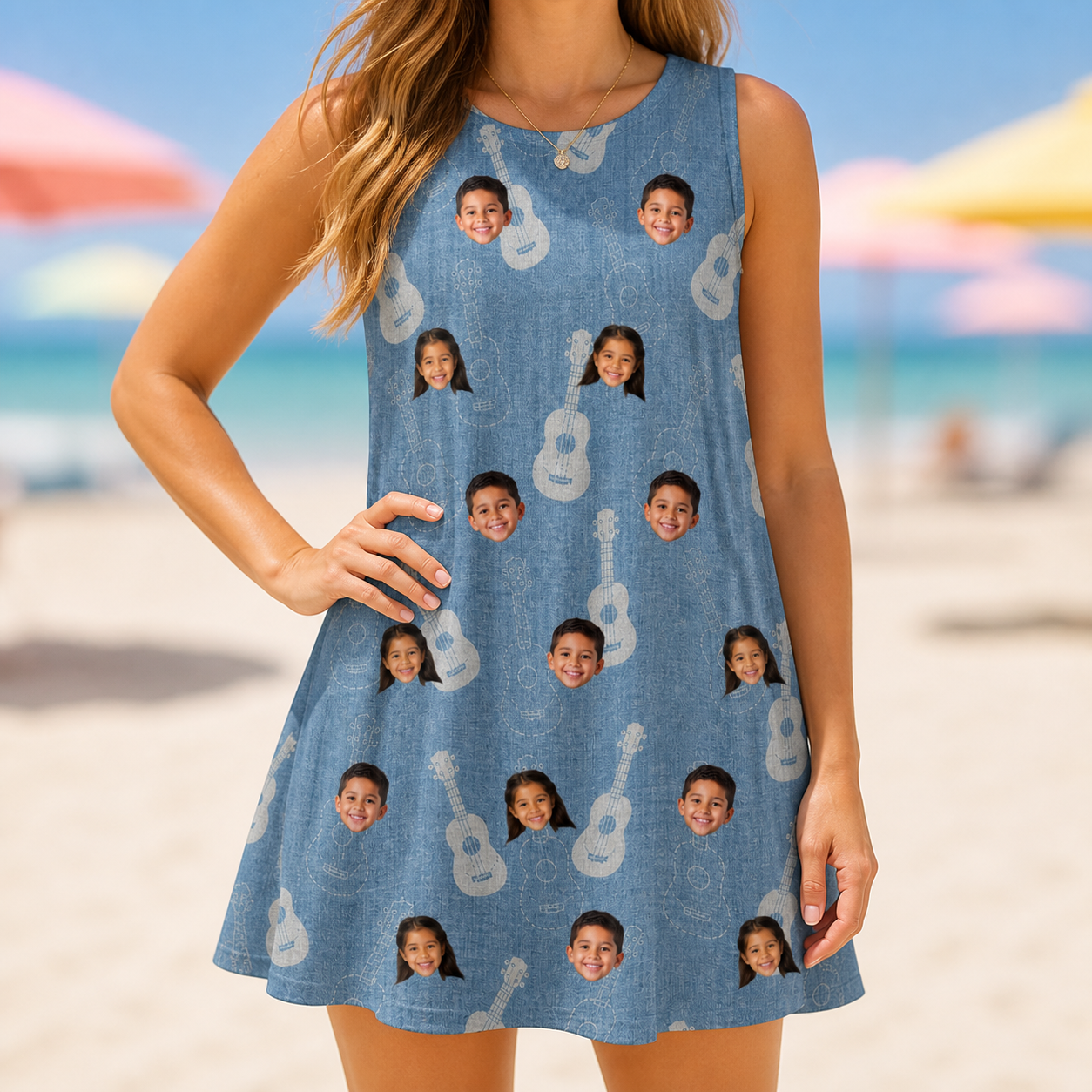 Model wearing Women's Gardenia Grooves Custom Face Tank Dress printed with kids' faces