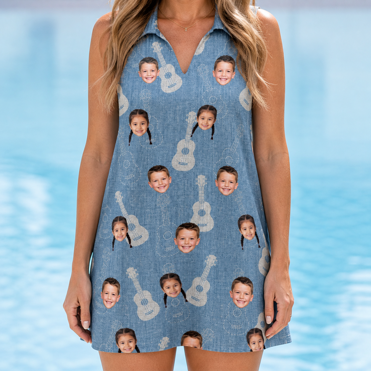 Model wearing Women's Gardenia Grooves Custom Face V-Neck Dress printed with kids' faces