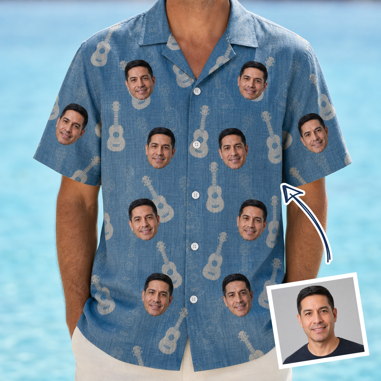 Man wearing Men's Gardenia Grooves Custom Face Hawaiian Shirt — custom faces printed all-over
