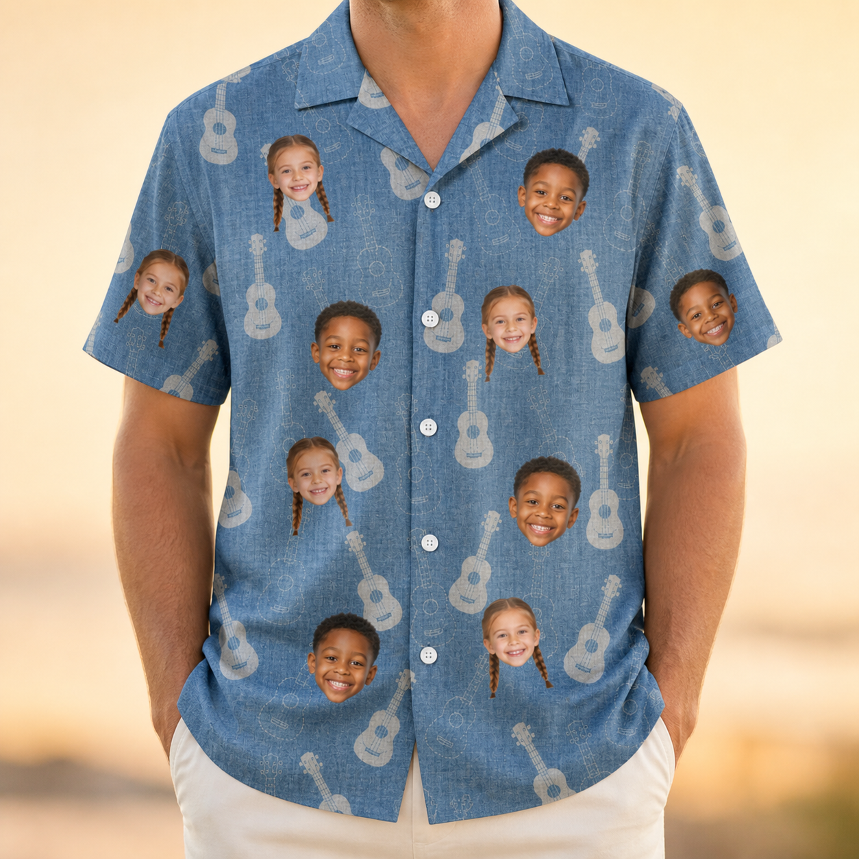 Model wearing Men's Gardenia Grooves Custom Face Hawaiian Shirt printed with kids' faces