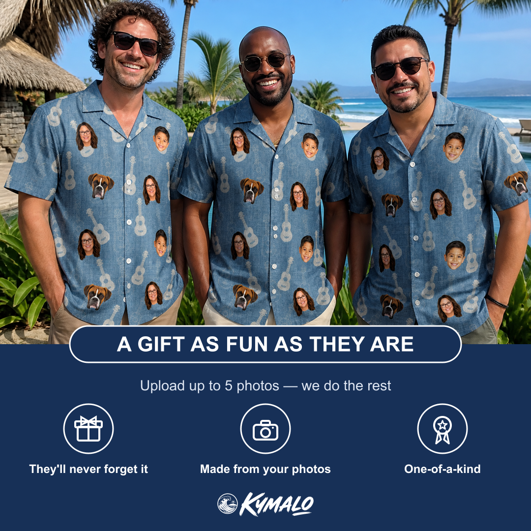 Friends in matching Men's Gardenia Grooves Custom Face Hawaiian Shirt — a group gift photo