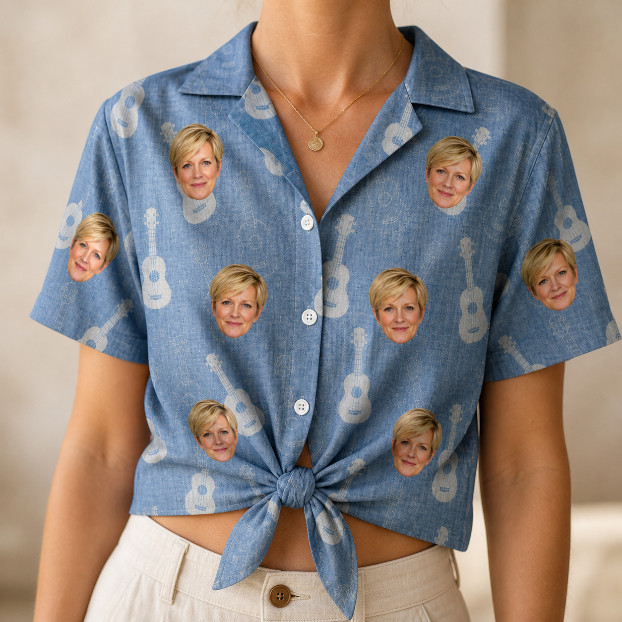 Woman wearing Women's Gardenia Grooves Custom Face Hawaiian Shirt tied at the waist