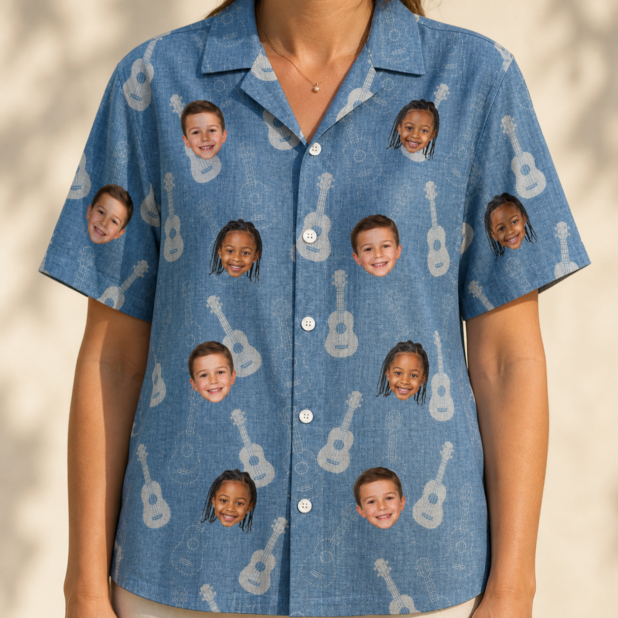 Model wearing Women's Gardenia Grooves Custom Face Hawaiian Shirt printed with kids' faces
