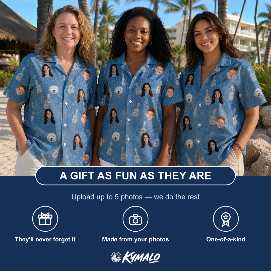 Friends in matching Women's Gardenia Grooves Custom Face Hawaiian Shirt — a group gift photo